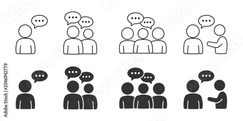 Business Communication and Team Dialogue Icon Set - Minimalist Line Art and Solid Silhouette Avatars with Speech Bubbles for Group Discussion, Feedback, and Collaboration Concepts