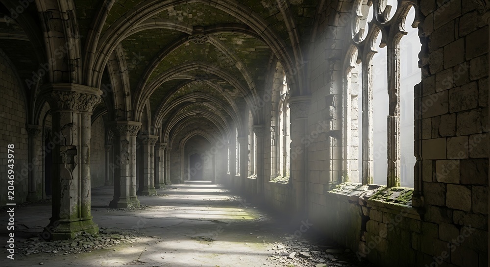Obraz premium Mysterious abandoned gothic hallway with dramatic light and decaying architecture