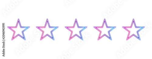 Five vibrant neon stars glowing with purple and blue light, isolated on a white background