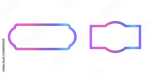 Two empty glowing neon frames featuring vibrant pink and blue gradients on a white background