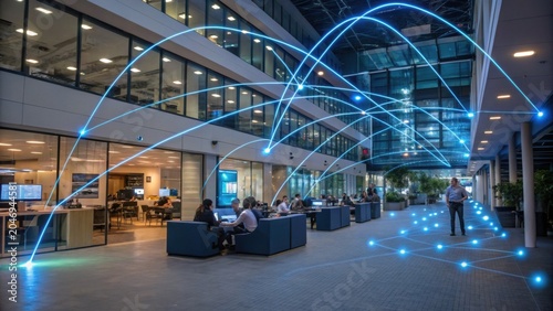 Modern office atrium with digital network overlay, showcasing innovation and connectivity in collaborative workspace
