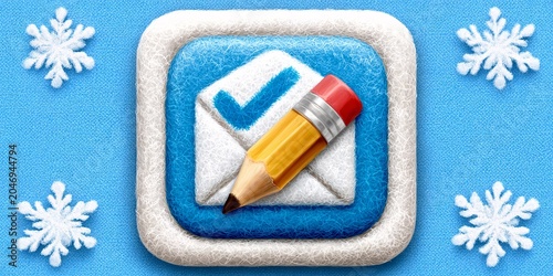 celebrating winter and holiday season with checkmark icon and pencil on blue snowflake background