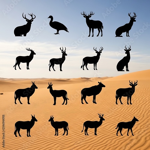 Safari animals silhouette set on savanna background.