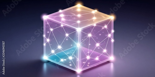 futuristic digital blockchain cube with light networks and data connections