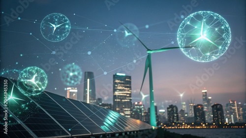 Futuristic cityscape with wind turbines and solar panels, showcasing sustainable energy transition