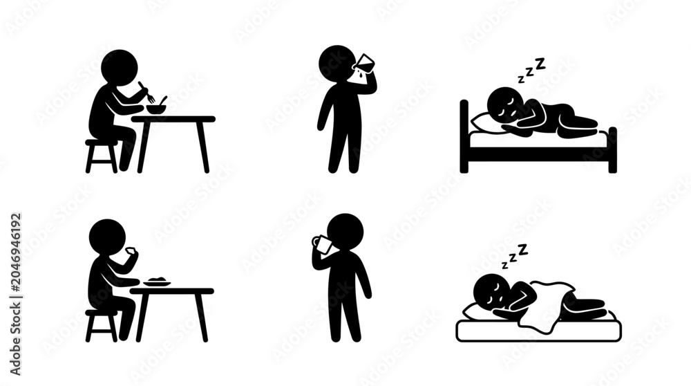 Fototapeta premium Stick figure daily routine icons set eating drinking sleeping