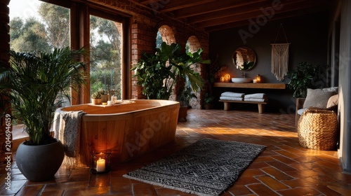 A boho-chic bathroom with terracotta tiles