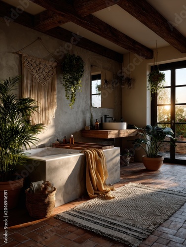 A boho-chic bathroom with terracotta tiles