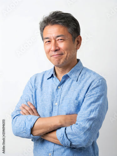 Confident Asian man crossing arms and sharing dad jokes with a smile