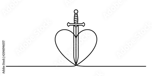 Continuous single line drawing of a sharp sword piercing through a heart shape symbol representing love and war conflict or broken relationships Vector, illustration