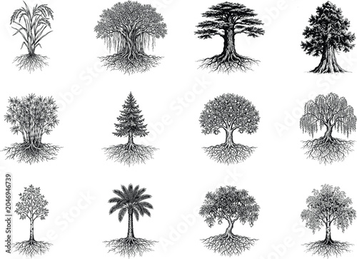 Assorted tree species silhouettes with root systems silhouette botanical landscape woodland environment collection illustration