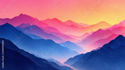 vibrant sunset over mountain range with watercolor effect