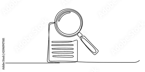 Quadro su tela Continuous single line drawing of a magnifying glass over a document page repres