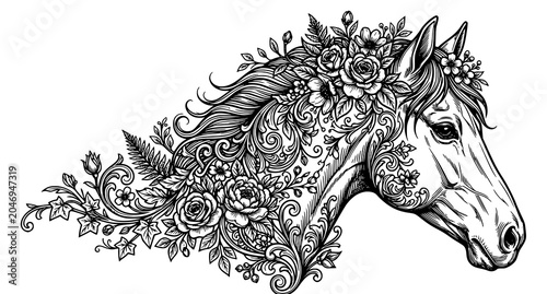 Foto Horse head floral ornament vector illustration decorative animal tattoo sketch d