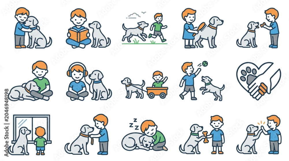 Fototapeta premium Illustrations of Children Interacting with Dogs in Various Activities