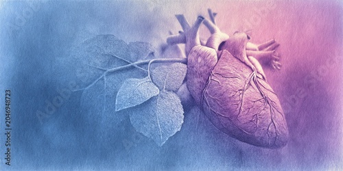 heart anatomy with leaves illustration in soft pastel colors for medical and nature beauty concepts