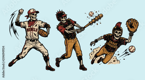 Tableau sur toile Skeleton baseball players in action with vintage sports uniforms