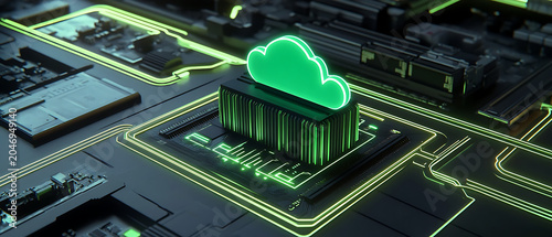 Cinematic, high-tech digital rendering of a CPU on a circuit board. Central processor block: dark forest-green. Cloud icon: vibrant, glowing emerald. Energy lines: glowing toxic-lime