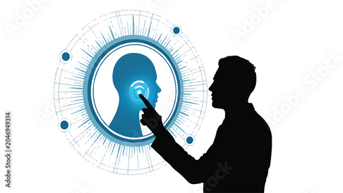 Silhouette of a person touching a digital brain illustration with network
