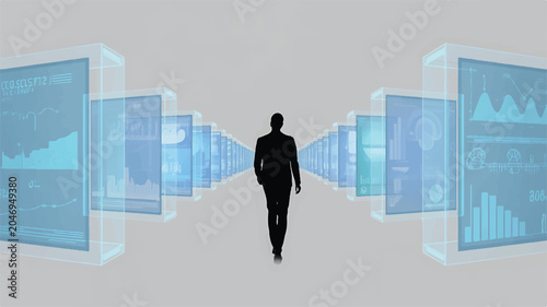 Person walking through digital screens with data and charts in a futuristic