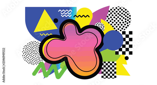Vibrant Memphis design elements with colorful geometric shapes on white background for graphic design
