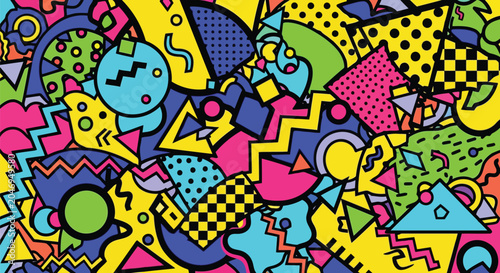 Vibrant memphis style geometric pattern with colorful shapes and bold lines on white background for graphic design