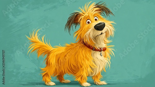 playful cartoon dog with fluffy fur and curious expression on bright teal background