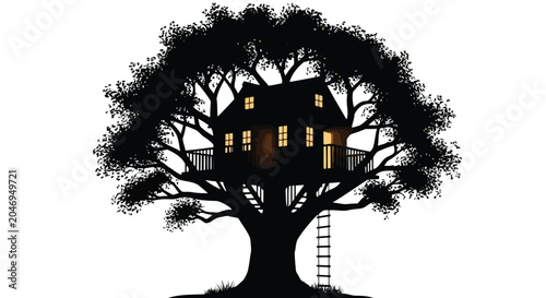 Whimsical treehouse with warm glowing windows and ladder on sturdy tree trunk against plain white background