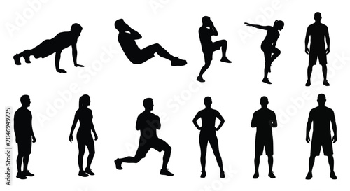 Fitness exercise people silhouettes in various poses on white background