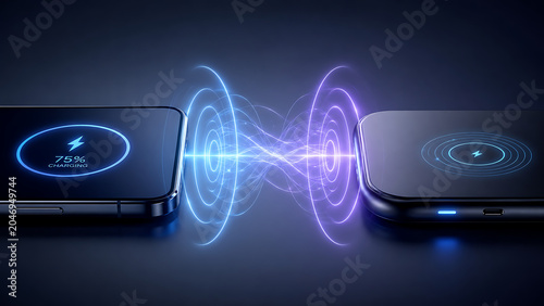 Wireless energy transfer between futuristic devices | Magnetic induction and energy flow visualization | Modern technology and power transmission concept