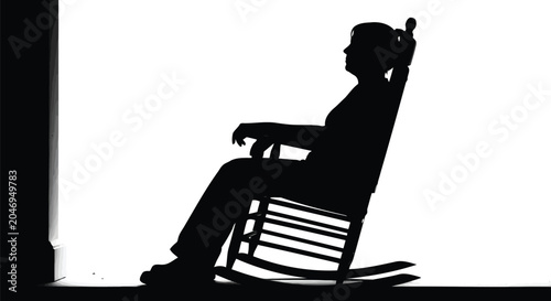 Adult male silhouette relaxing in rocking chair with dramatic lighting on plain white background