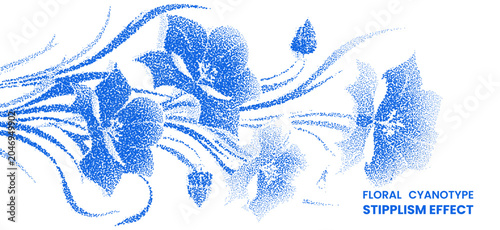 Fotografía Floral cyanotype stipplism effect, artistic blue dotwork illustration of bellflo