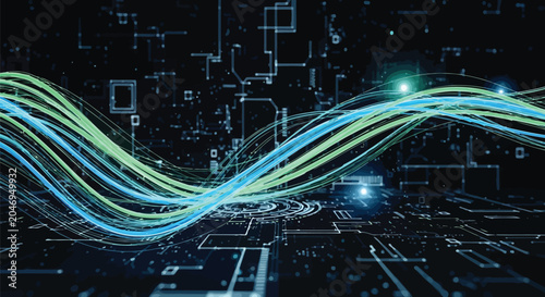 Futuristic technology concept with glowing blue and green wavy lines on a dark circuit board background with neon lights