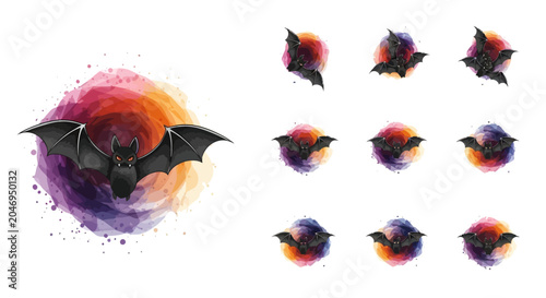 Fotografie Several bats fly around a colorful moonlit sky with vibrant hues.