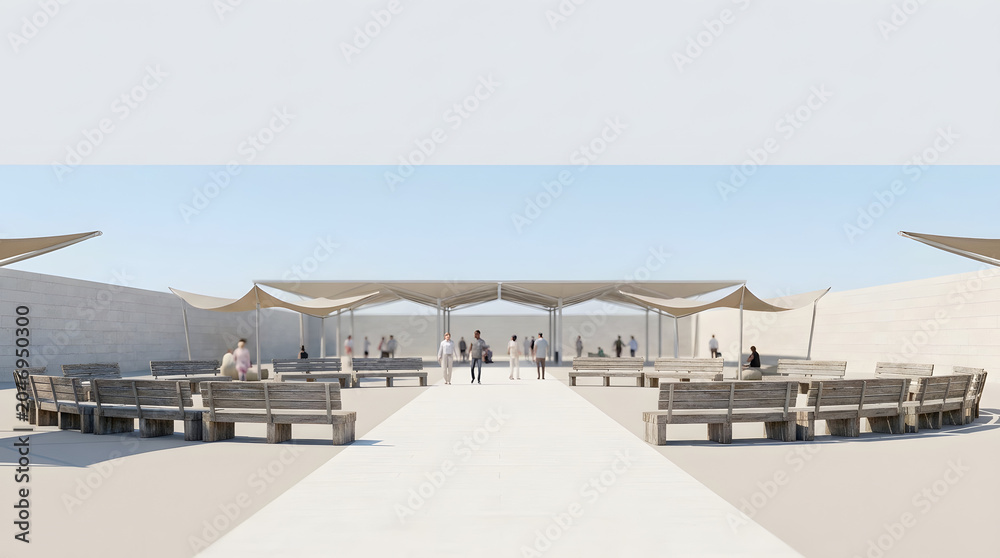 Fototapeta premium Minimalist outdoor courtyard with timber benches and a shaded pavilion. People gather along a central walkway between low walls under a bright sky.