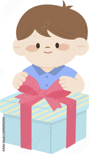 어린이 생일 축하 및 감사 이벤트 배너용 선물 상자를 든 귀여운 남자아이 캐릭터 플랫 일러스트