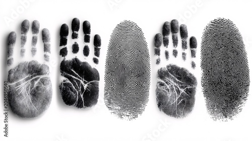 black and white fingerprint and handprint art with digital fingerprint pattern
