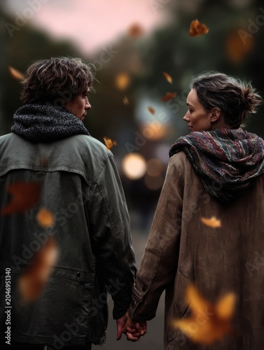 A couple holding hands with falling leaves