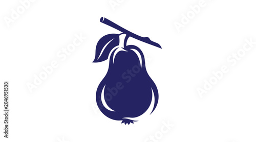 Stylized blue pear fruit with stem and leaf botanical illustration agriculture nutrition minimalist silhouette vegetarian ingredient cultivated