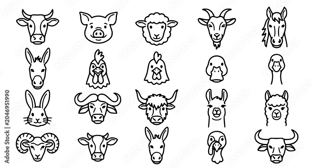 Fototapeta premium Livestock and Farm Animal Faces Black White Outline Icon Vector Set