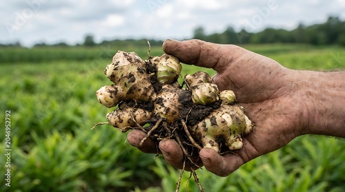 Freshly harvested ginger roots held in a farmers hand outdoors