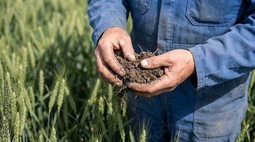 Farmer holding soil sample from wheat field outdoors during harvest season