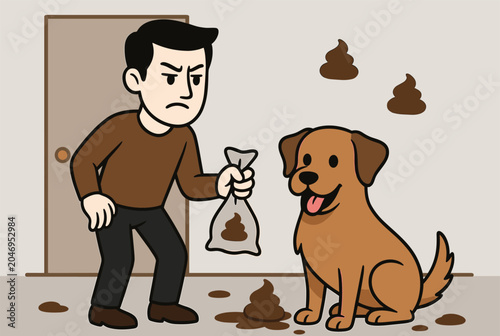 Frustrated man holds a small bag of dog waste while looking angrily at his happy dog who has left several messes on the floor.