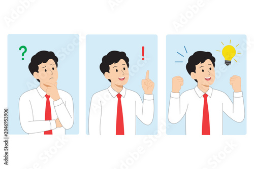 Businessman Thinking About Problem and Celebrating Successful Idea Flat Vector Illustration Set, Office Employee Finding Solution and Achievement Concept Sequence.