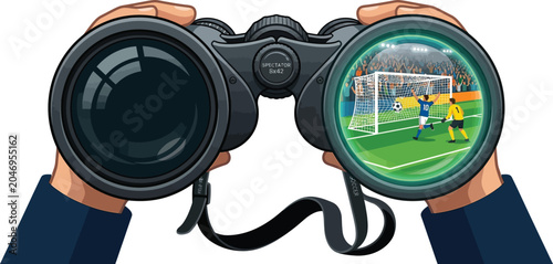 Illustration of human hands holding binoculars viewing a soccer game on the field with binoculars observation visionary spectator activity competition equipment watching