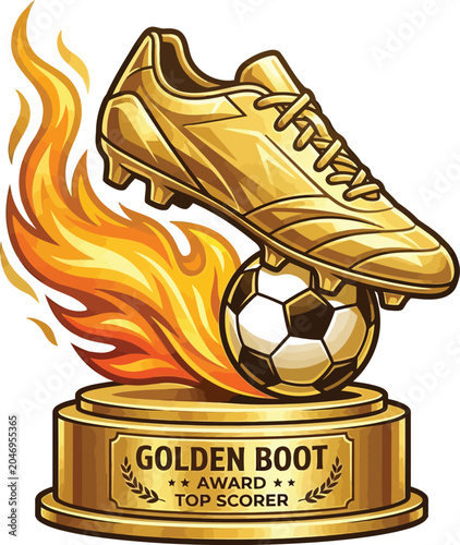 Golden soccer boot award trophy with flames football champion metallic competition achievement celebration illustration professional tournament soccerball performance