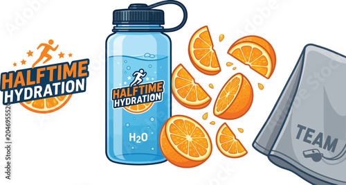 Halftime hydration sport water bottle with orange slices hydration halftime refreshment beverage exercise training waterbottle container lifestyle nutrition athletic