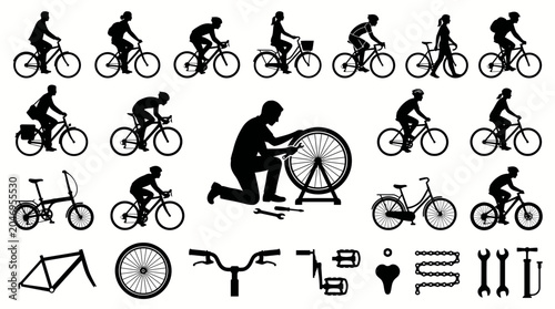 Set of bicycle icons and silhouettes featuring bike repair mechanic.