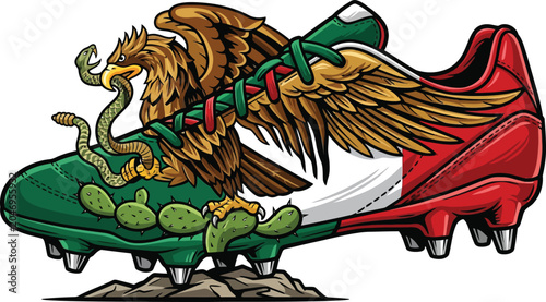 Mexican themed soccer boot with eagle and snake design football illustration equipment national heritage performance professional tournament athletic footwear
