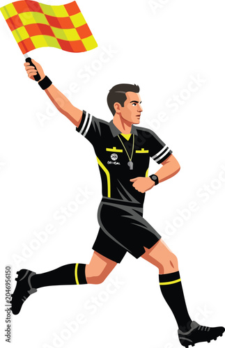 Soccer referee running with yellow and red flag in hand vector illustration football official sprinting athletic competition professional illustration movement decision